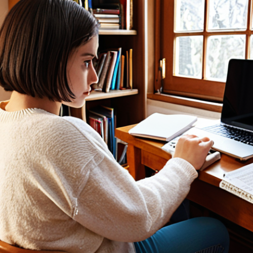 **

*   **Prompt:** A person studying on a laptop in a cozy home setting. Books and notes are scattered around. Focus on the determined expression of the person and the warm, inviting atmosphere of the room. Emphasis on flexibility and accessibility of online learning.

**