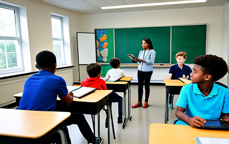 **

A classroom filled with diverse students using tablets for interactive lessons, a teacher guiding them. Bright, modern classroom setting. Focus on engagement and collaborative learning. Safe for work, appropriate content, fully clothed, professional. Perfect anatomy, natural proportions, high quality.

**