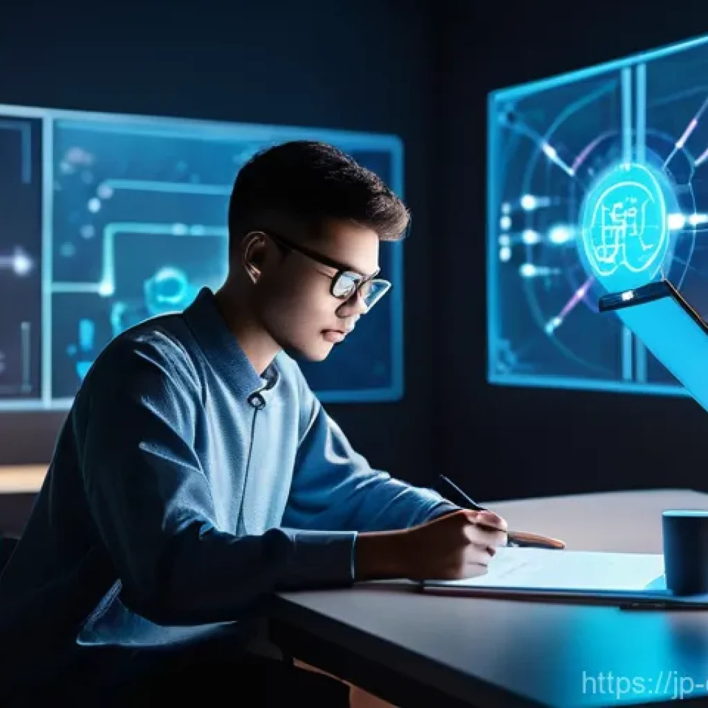 디지털 학습의 교육 모델 - **Personalized AI Tutor in a Modern Study Environment**
A motivated young adult, appearing aroun...