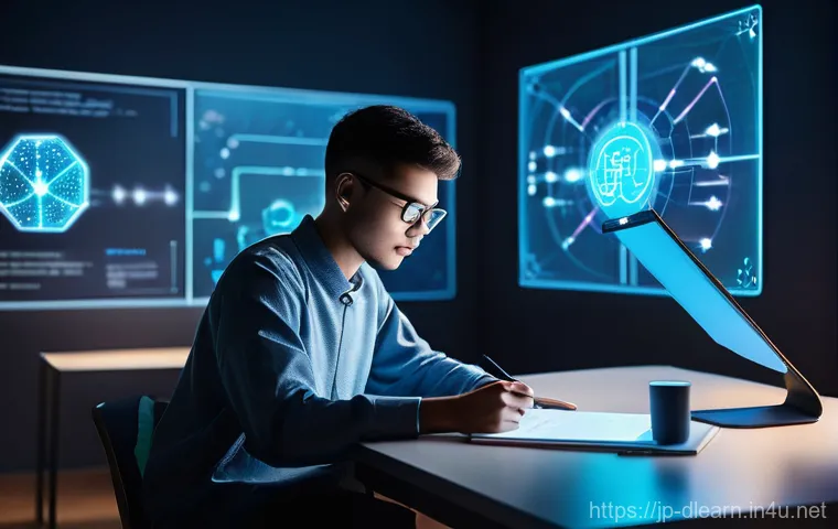 디지털 학습의 교육 모델 - **Personalized AI Tutor in a Modern Study Environment**
    A motivated young adult, appearing aroun...