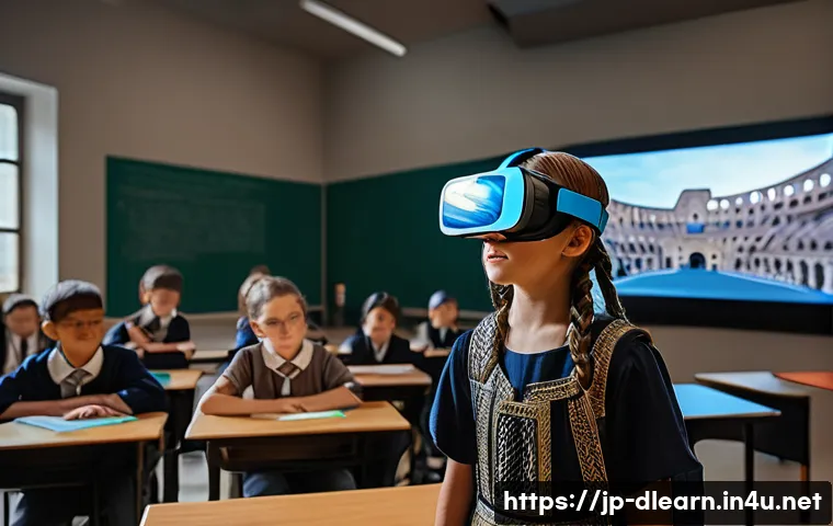 디지털 학습의 체험형 콘텐츠 - **Prompt 1: Immersive VR/AR History Experience**
    "A diverse group of students, aged between 10 a...