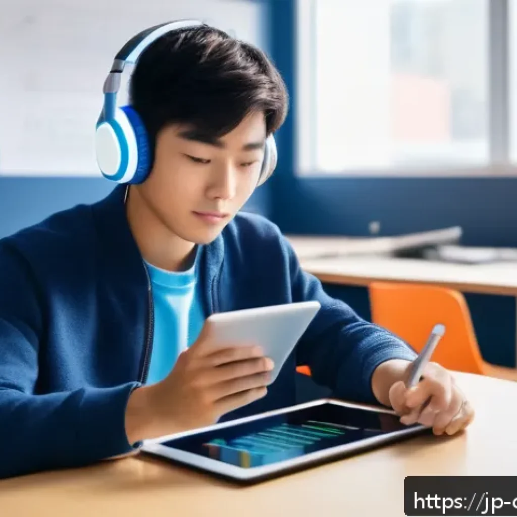 디지털 학습을 위한 연구 방법 - A modern digital learning environment featuring a young Japanese student sitting comfortably at a sl...