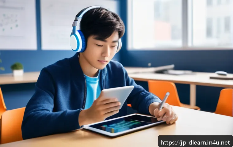 디지털 학습을 위한 연구 방법 - A modern digital learning environment featuring a young Japanese student sitting comfortably at a sl...