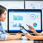 디지털 학습 평가 - A modern Japanese classroom scene featuring a diverse group of students using digital tablets and la...