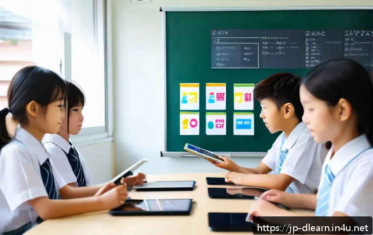 디지털 교육에서의 기술 변화 - A modern Japanese classroom scene showing diverse students using tablets and electronic blackboards,...