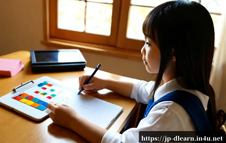 디지털 학습에서의 문제 해결 - Photorealistic Japanese middle school student at a tidy home study desk, thoughtfully solving a visu...