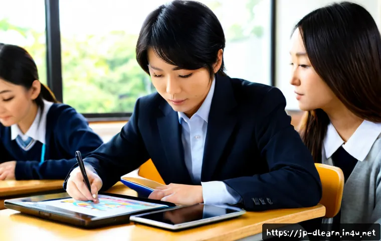 디지털 교육의 효율적인 평가 방법 - Photorealistic modern Japanese classroom, experienced teacher reviewing student progress on a tablet...